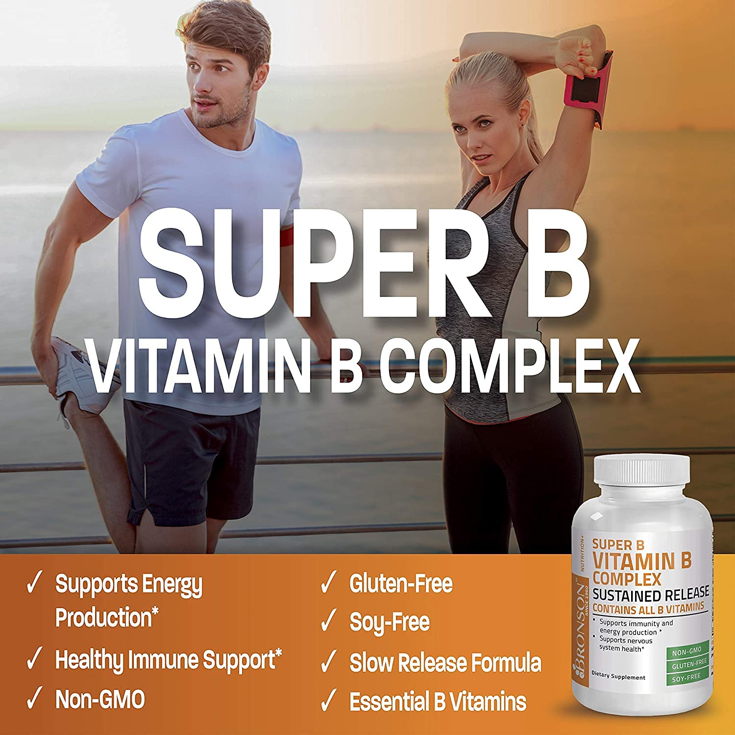 Bronson Super B Complex label close-up showing non-GMO and gluten-free notes.