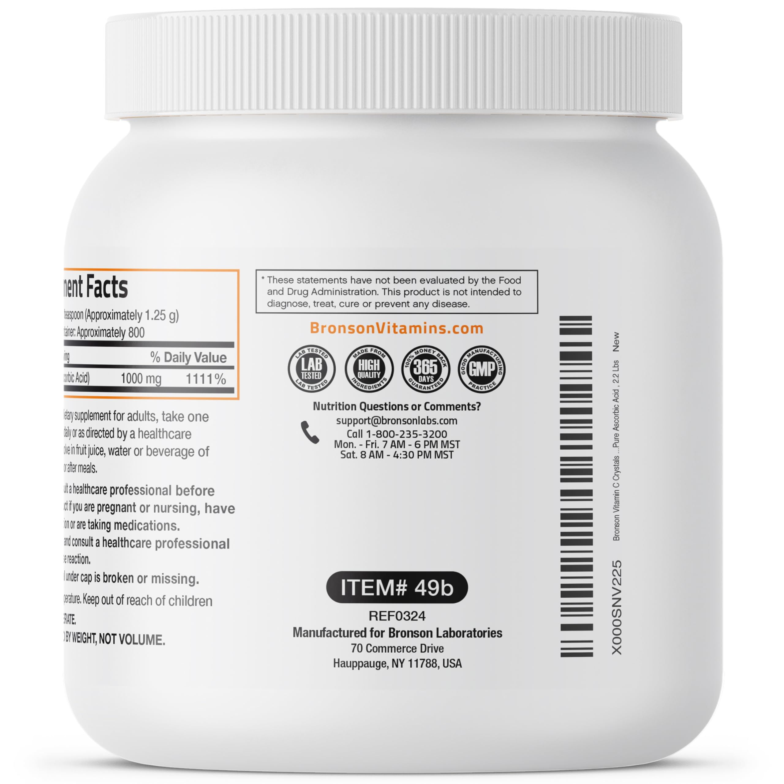 Bronson Vitamin C powder produced at a US facility in Hauppauge, NY for trusted sourcing.