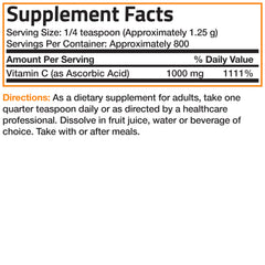 Bronson Vitamin C powder packaging display highlighting durability and shelf life.