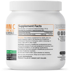 Bronson Vitamin C powder jar with label showing quality and dosing cues.