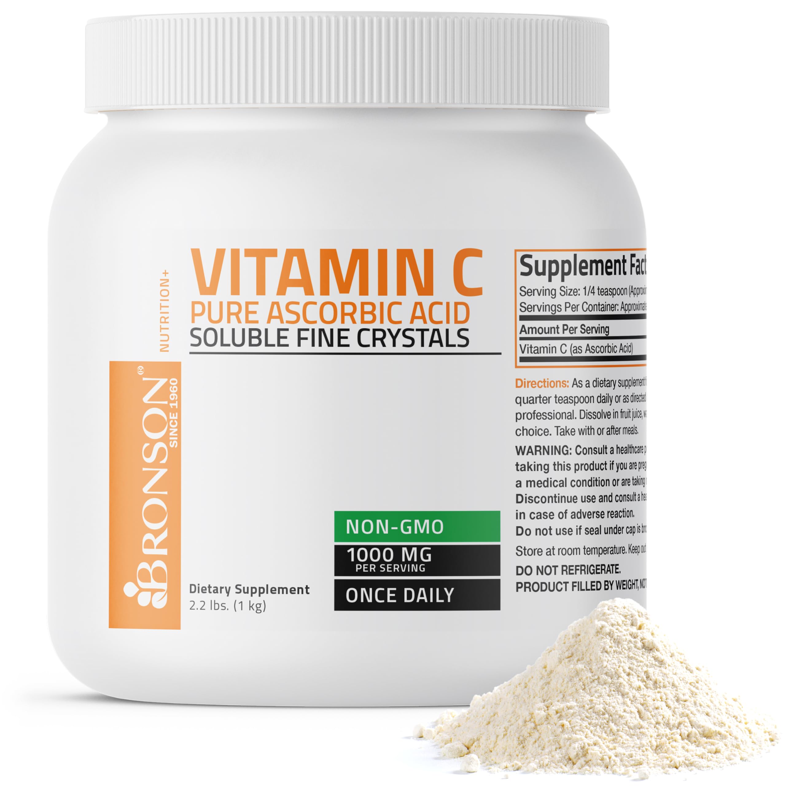 Bronson Vitamin C powder: pure ascorbic acid crystals ready for daily use and quick dissolving.