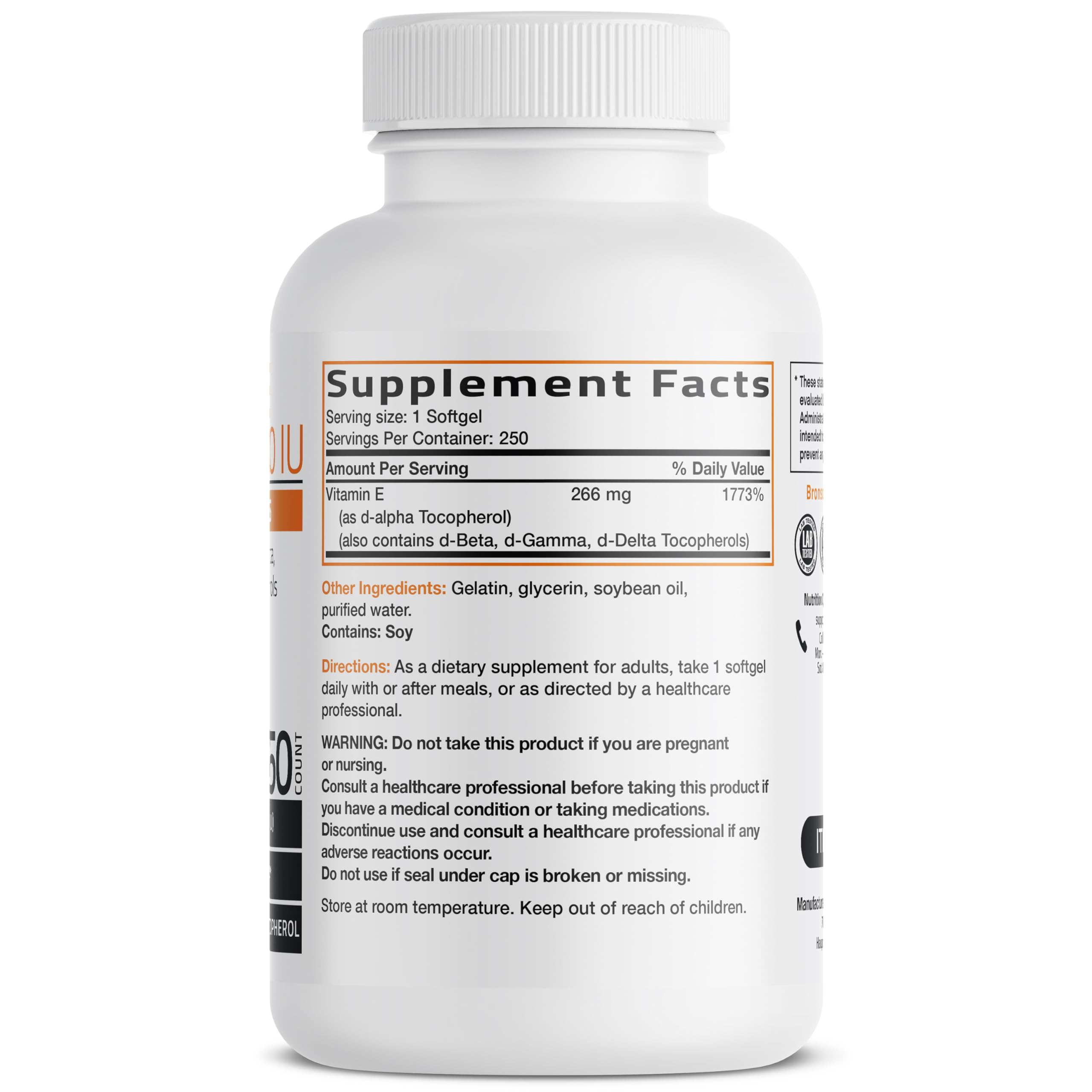 Bronson Vitamin E Complex label close-up highlighting multitocopherol blend.