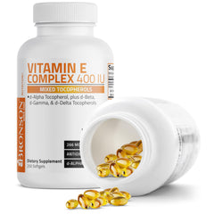 Bronson Vitamin E Complex packaging back view listing potency and ingredients.