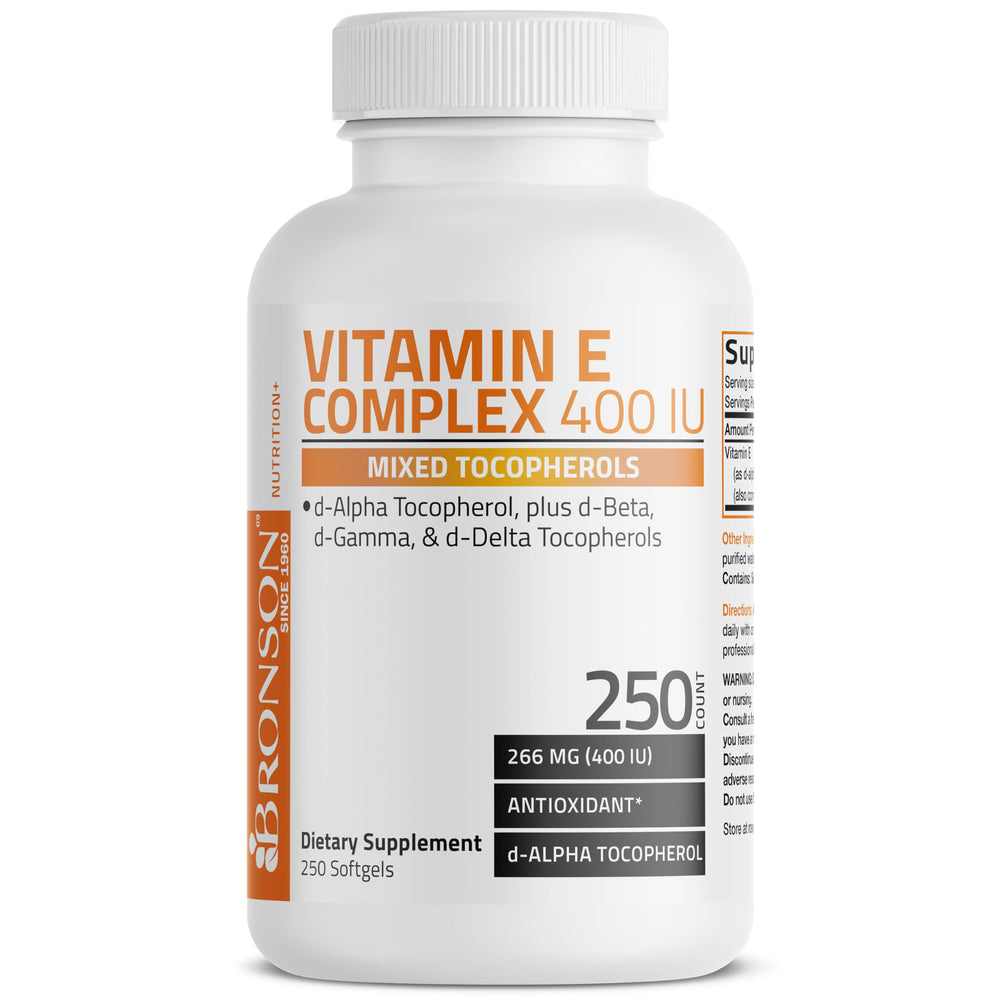 Bronson Vitamin E Complex packaging front view for convenient daily use.
