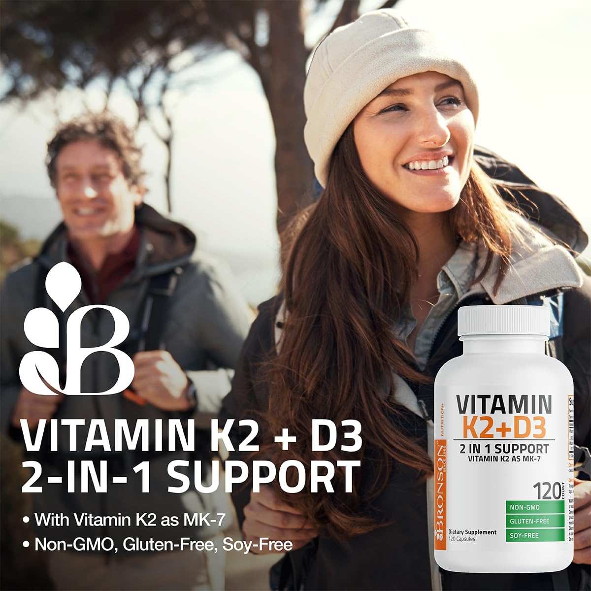 Bronson vitamin K2 MK-7 D3 capsules in blister pack for daily use.