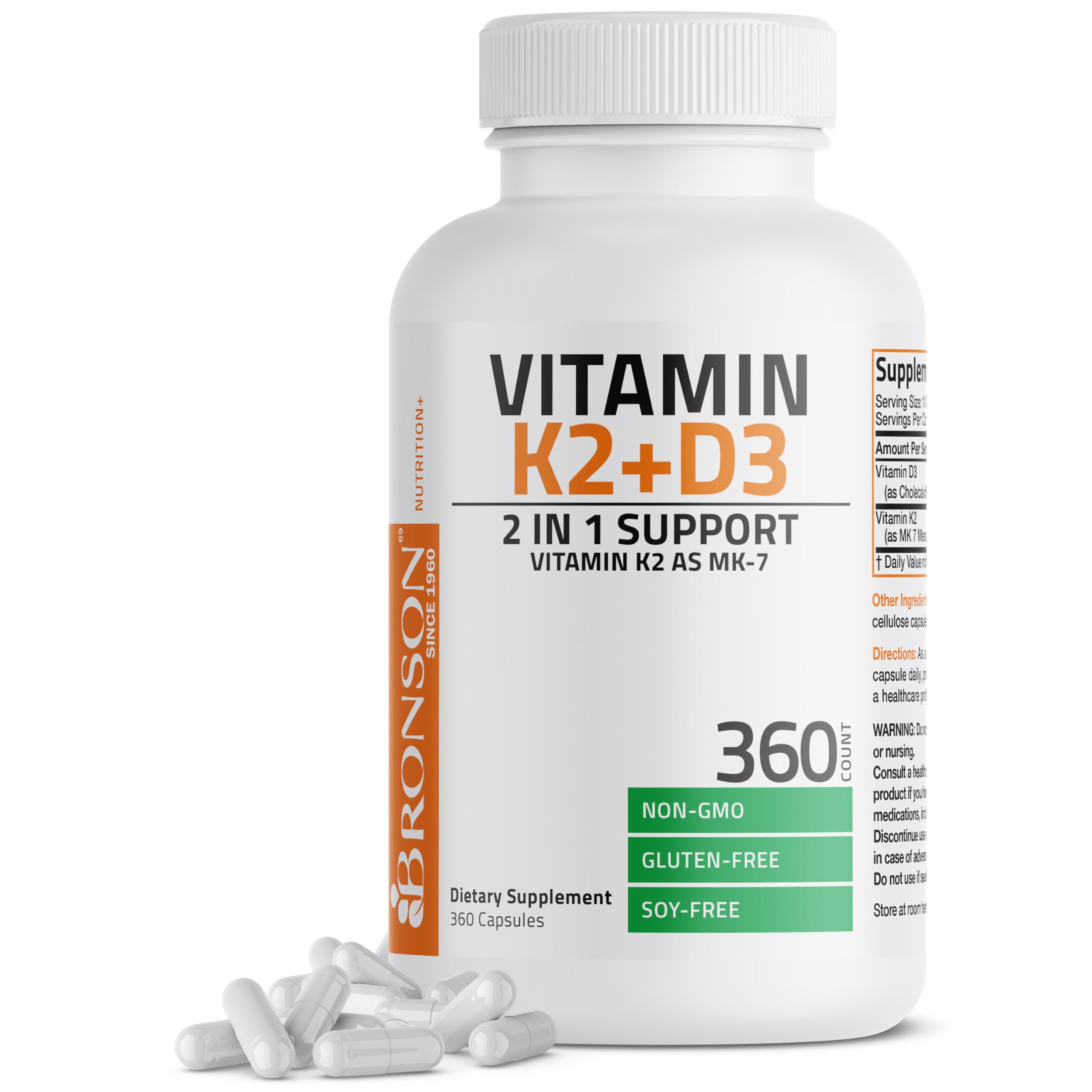 Bronson Vitamin K2 MK-7 with D3 bottle shows 360 capsules for bone support.