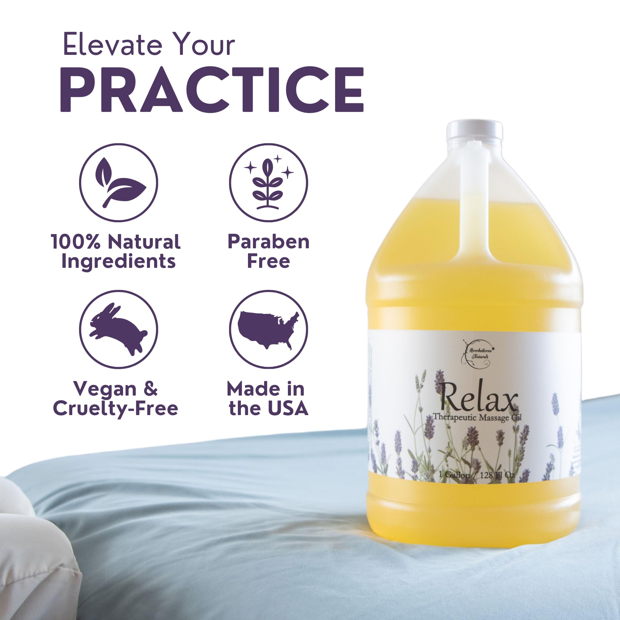 Relax label closeup showing lavender, peppermint, marjoram blend for calming sessions