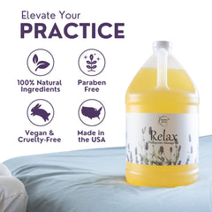 Relax label closeup showing lavender, peppermint, marjoram blend for calming sessions