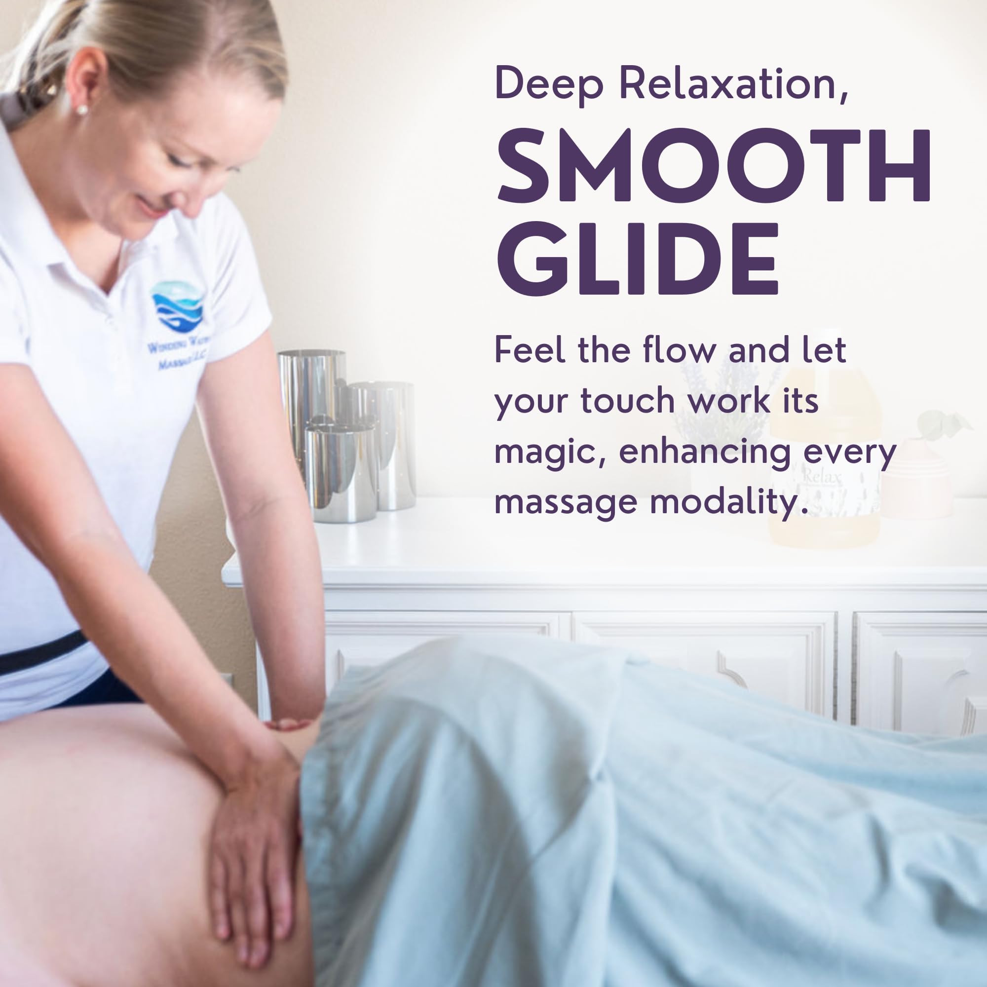 Spa scene featuring calming aromatherapy during full-body massage with Relax
