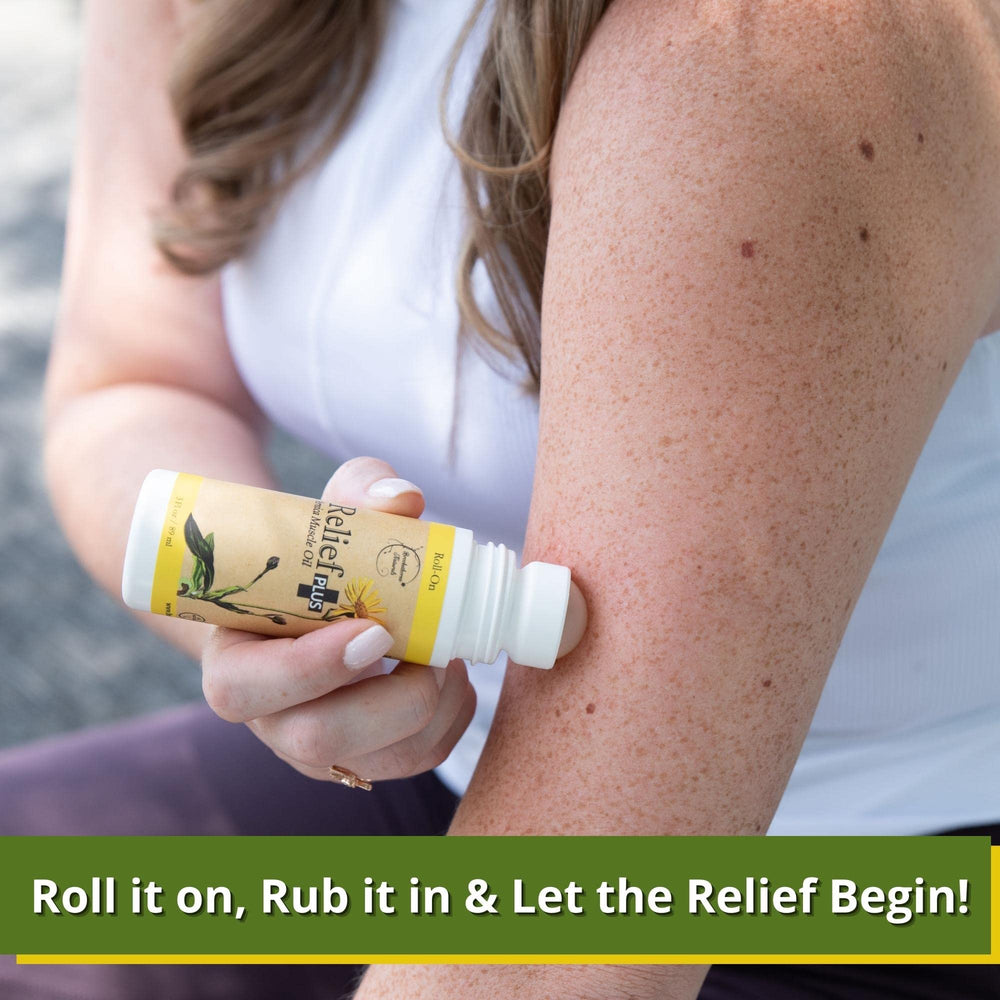 Brookethorne Naturals Relief Plus Arnica Muscle Oil roller application for targeted post-workout use.