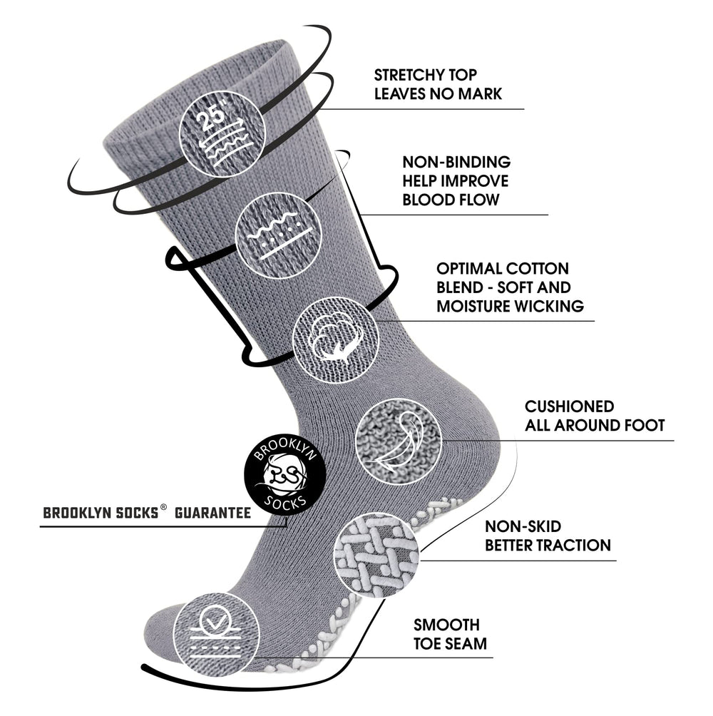 Brooklyn Socks slip-resistant traction on hardwood and tile surfaces for added stability.