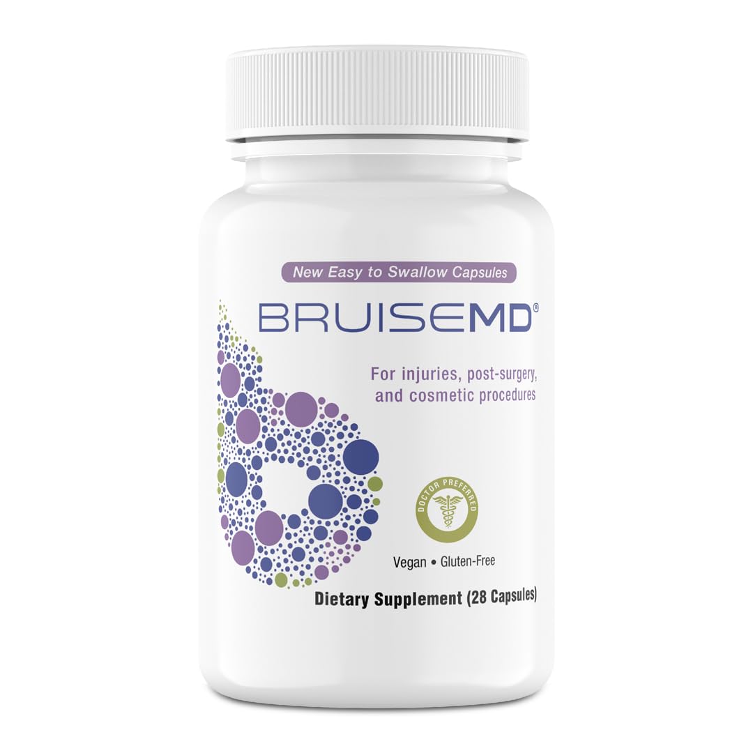 BruiseMD bromelain bottle front view shows a high-potency capsule for swelling support.
