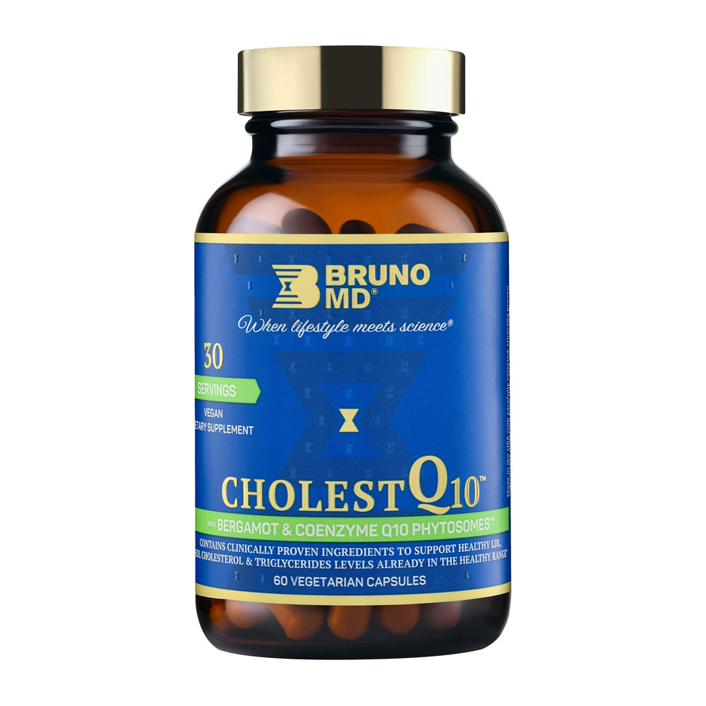 BRUNO MD CholestQ10 bottle closeup with vegan capsules for heart health