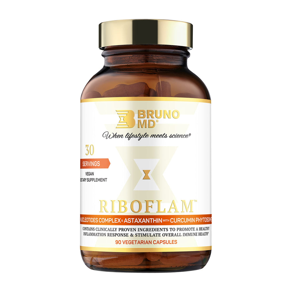 BRUNO MD Riboflam bottle front for daily immune support and vegan formulation.