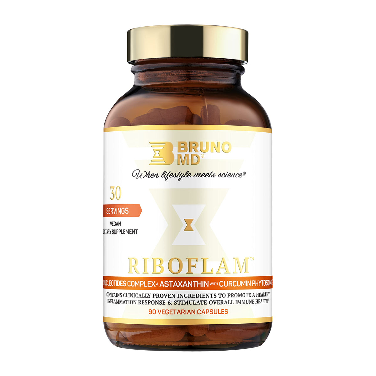 BRUNO MD Riboflam bottle front for daily immune support and vegan formulation.