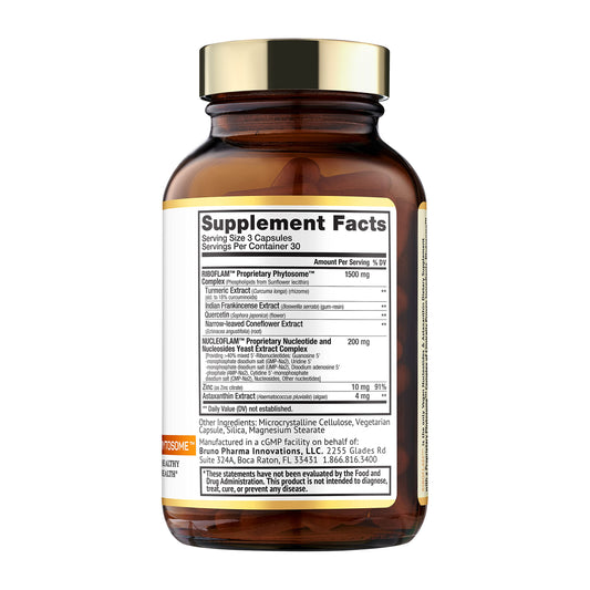 BRUNO MD Riboflam bottle being poured to illustrate easy daily intake.