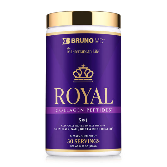 BRUNO MD Royal Collagen bottle showcasing premium supplement for skin, hair, and nails.