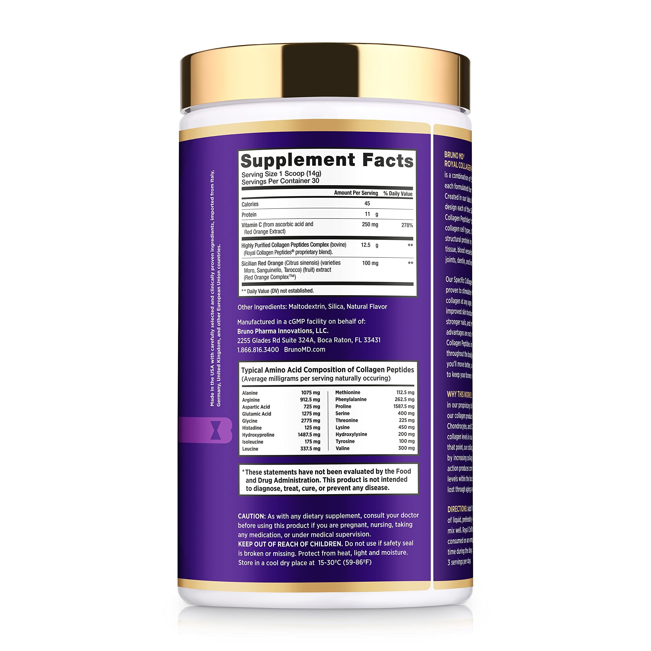 BRUNO MD Royal Collagen label highlights European-sourced ingredients and vitamin C blend.