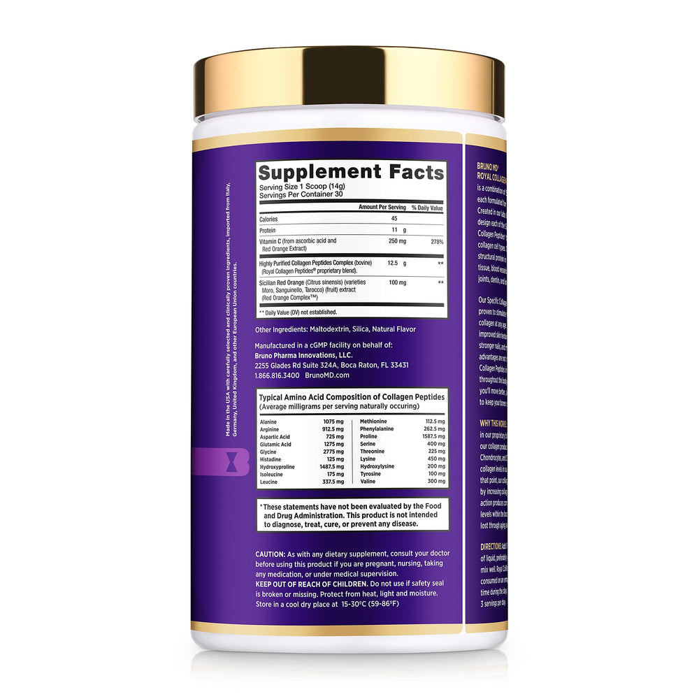 BRUNO MD Royal Collagen label highlights European-sourced ingredients and vitamin C blend.