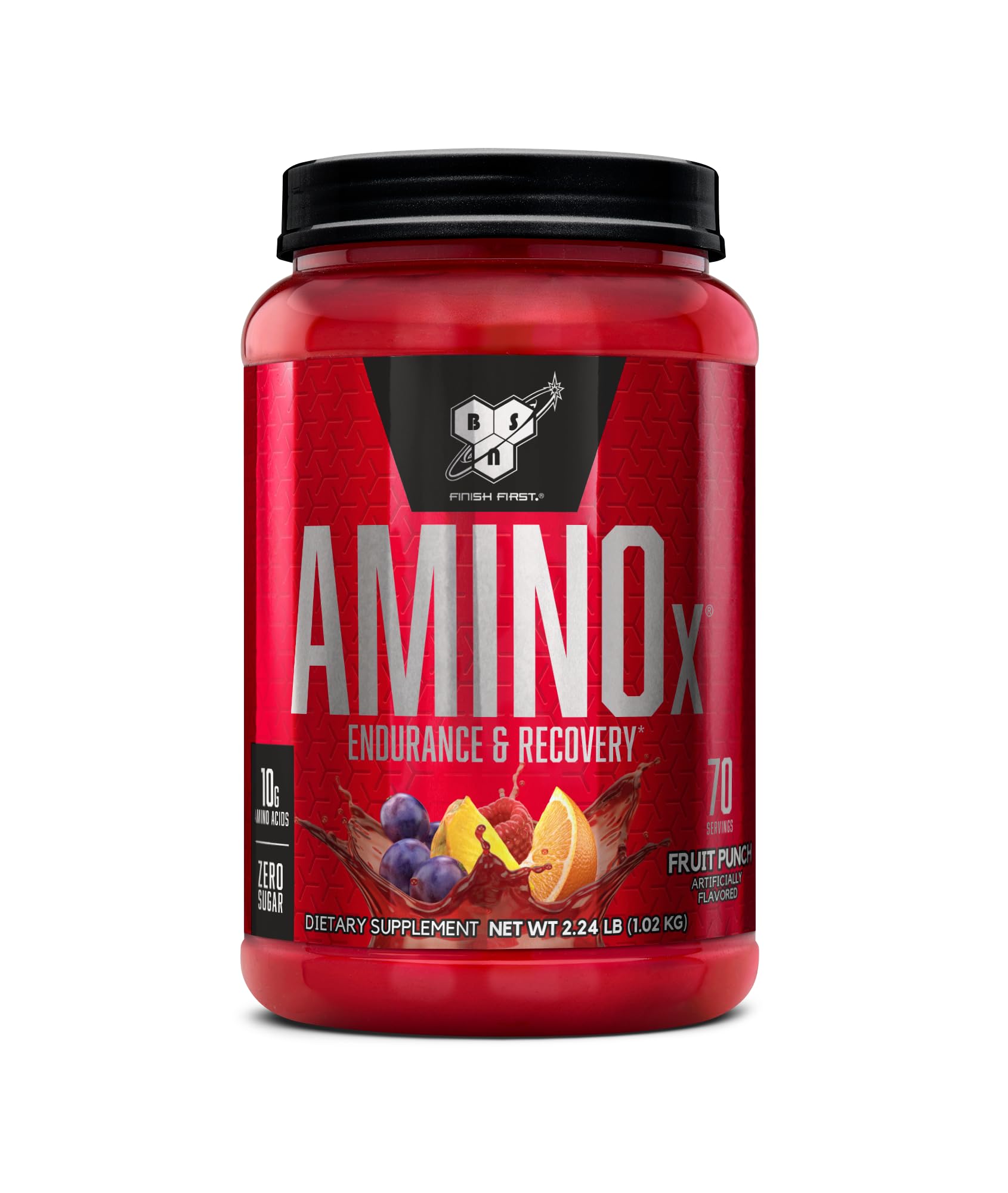 BSN Amino X fruit punch tub label showing flavor and caffeine-free formula for endurance
