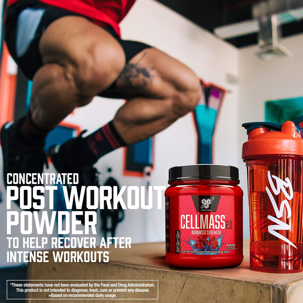 BSN CELLMASS 2.0 glutamine-glutamic acid panel suggests muscle recovery support.