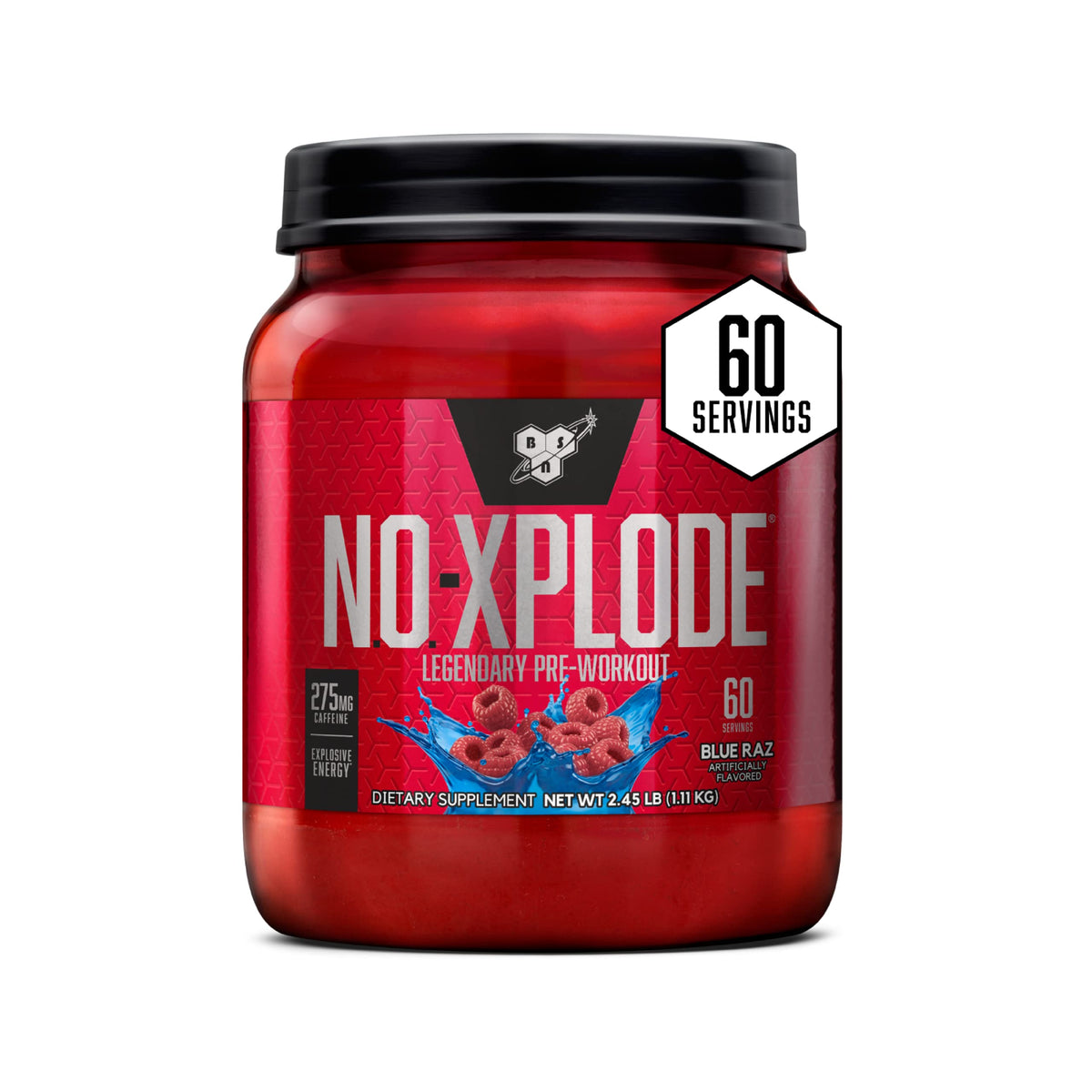 BSN N.O.-XPLODE blue raz bottle front showing an energizing workout boost