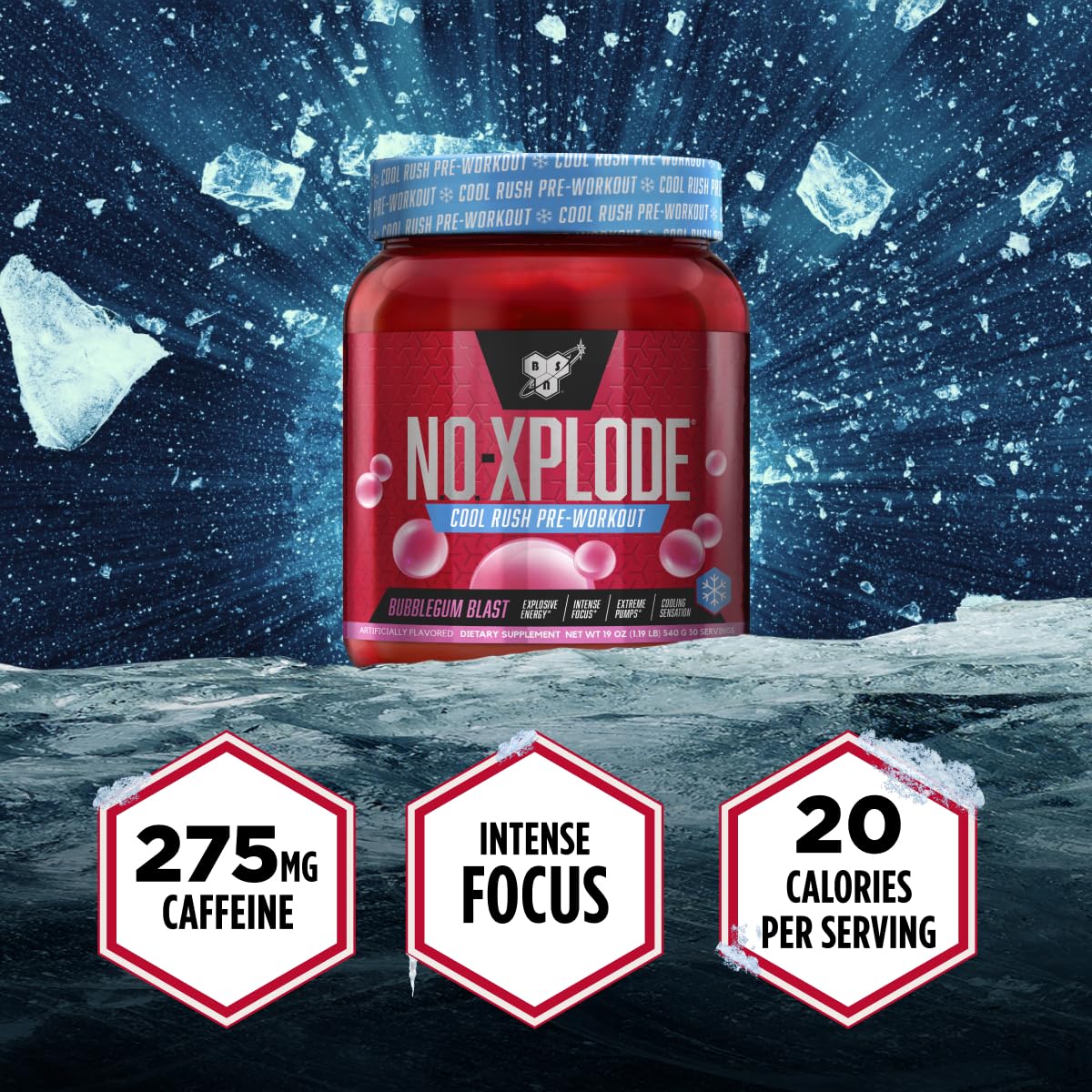 BSN N.O.-XPLODE Cool Rush mixed with ice to illustrate cooling flavor.