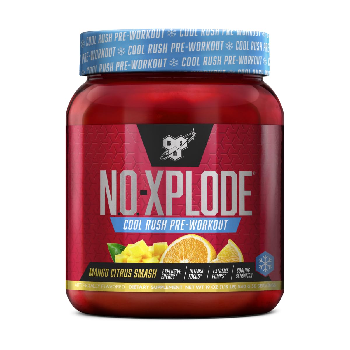 BSN N.O.-XPLODE Cool Rush powder scoop for precise pre-workout servings and steady energy.