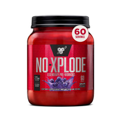 BSN N.O.-XPLODE grape powder tub ready for high-energy pre-workout sessions.
