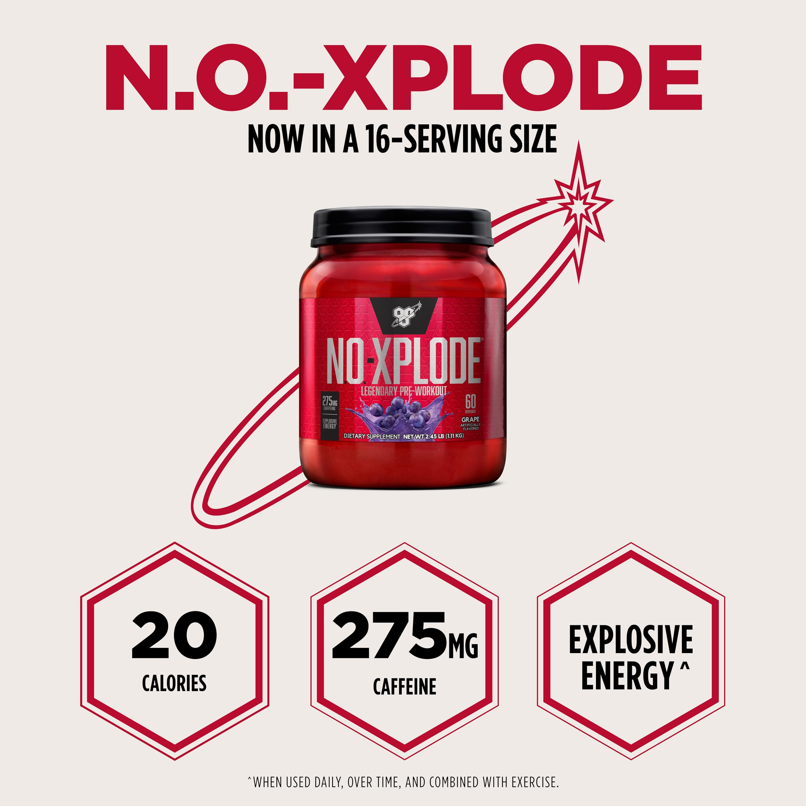 Close-up of BSN N.O.-XPLODE label showing legacy formula.