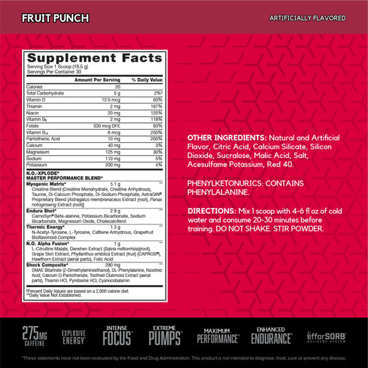 BSN N.O.-XPLODE back label close-up with serving and flavor details.