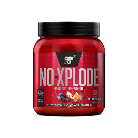 BSN N.O.-XPLODE tub front view highlighting the trusted pre-workout formula for energy.