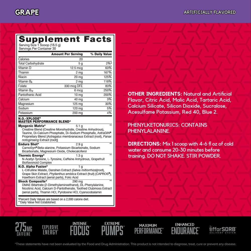 Close-up of the BSN N.O.-XPLODE label highlighting ingredients