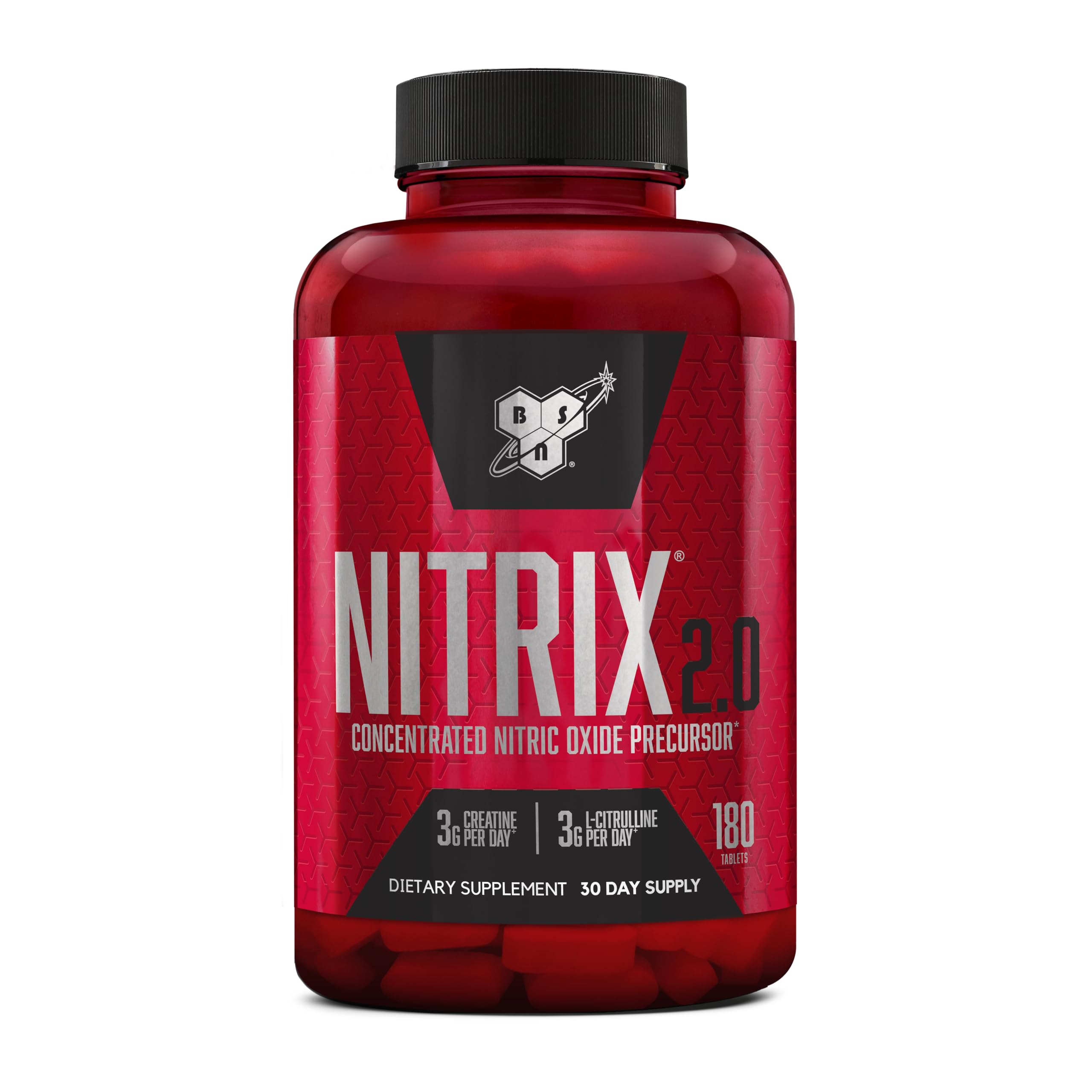 BSN Nitrix 2.0 bottle front highlighting nitric oxide precursors to boost workout performance