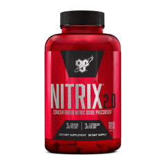 BSN Nitrix 2.0 bottle front highlighting nitric oxide precursors to boost workout performance