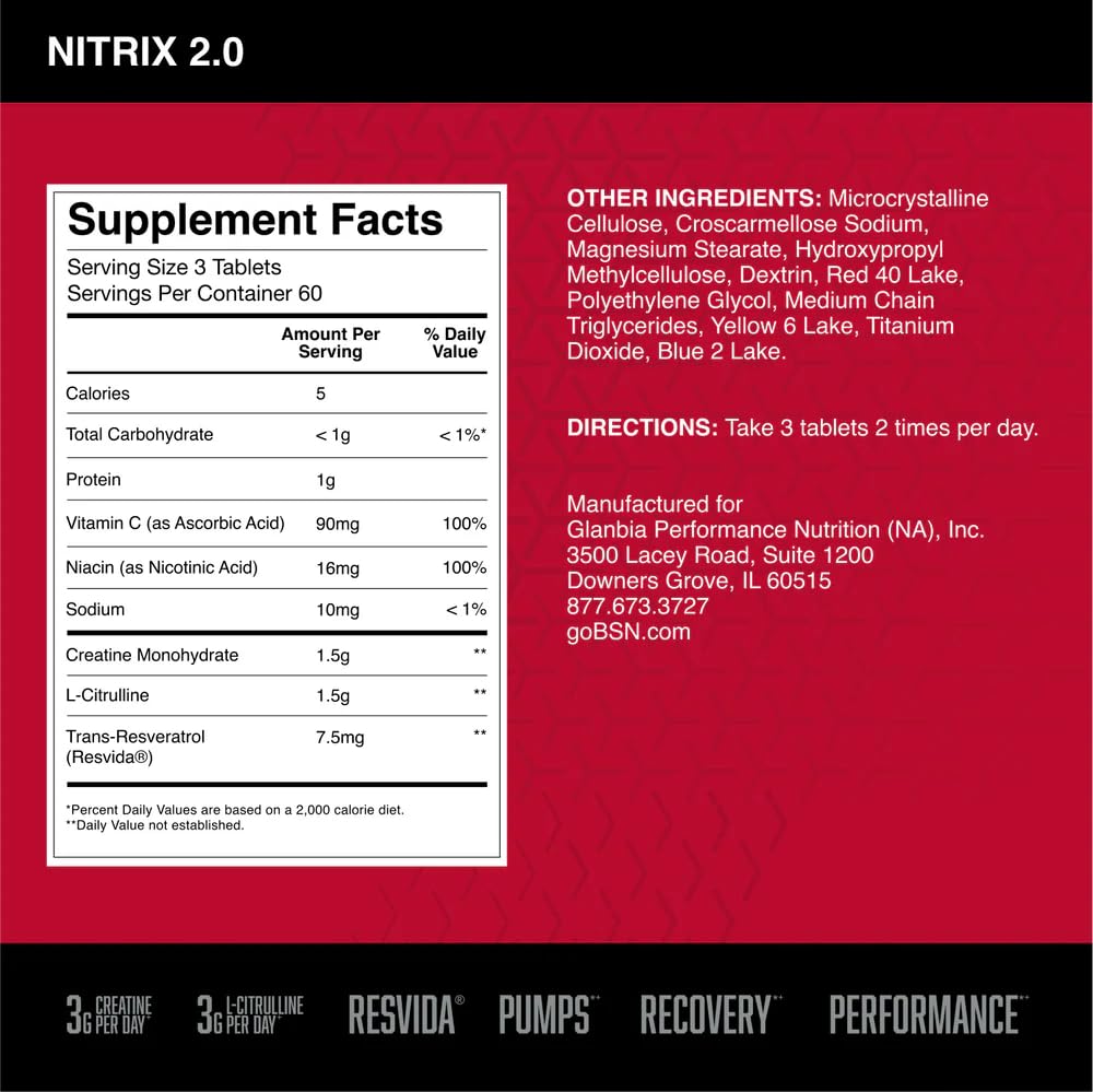 BSN Nitrix 2.0 tablets closeup showing 3 g L-Citrulline and 3 g Creatine per serving