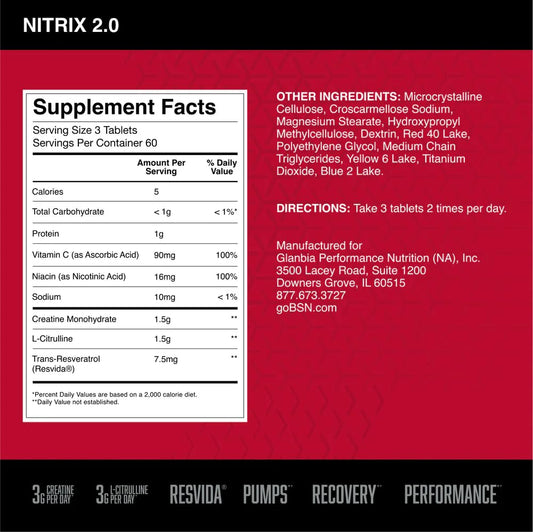 BSN Nitrix 2.0 tablets closeup showing 3 g L-Citrulline and 3 g Creatine per serving
