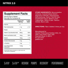 BSN Nitrix 2.0 tablets closeup showing 3 g L-Citrulline and 3 g Creatine per serving