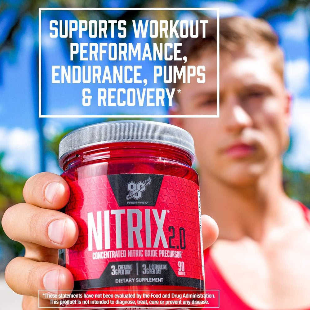 BSN Nitrix 2.0 label graphic highlighting nitric oxide precursor formula.