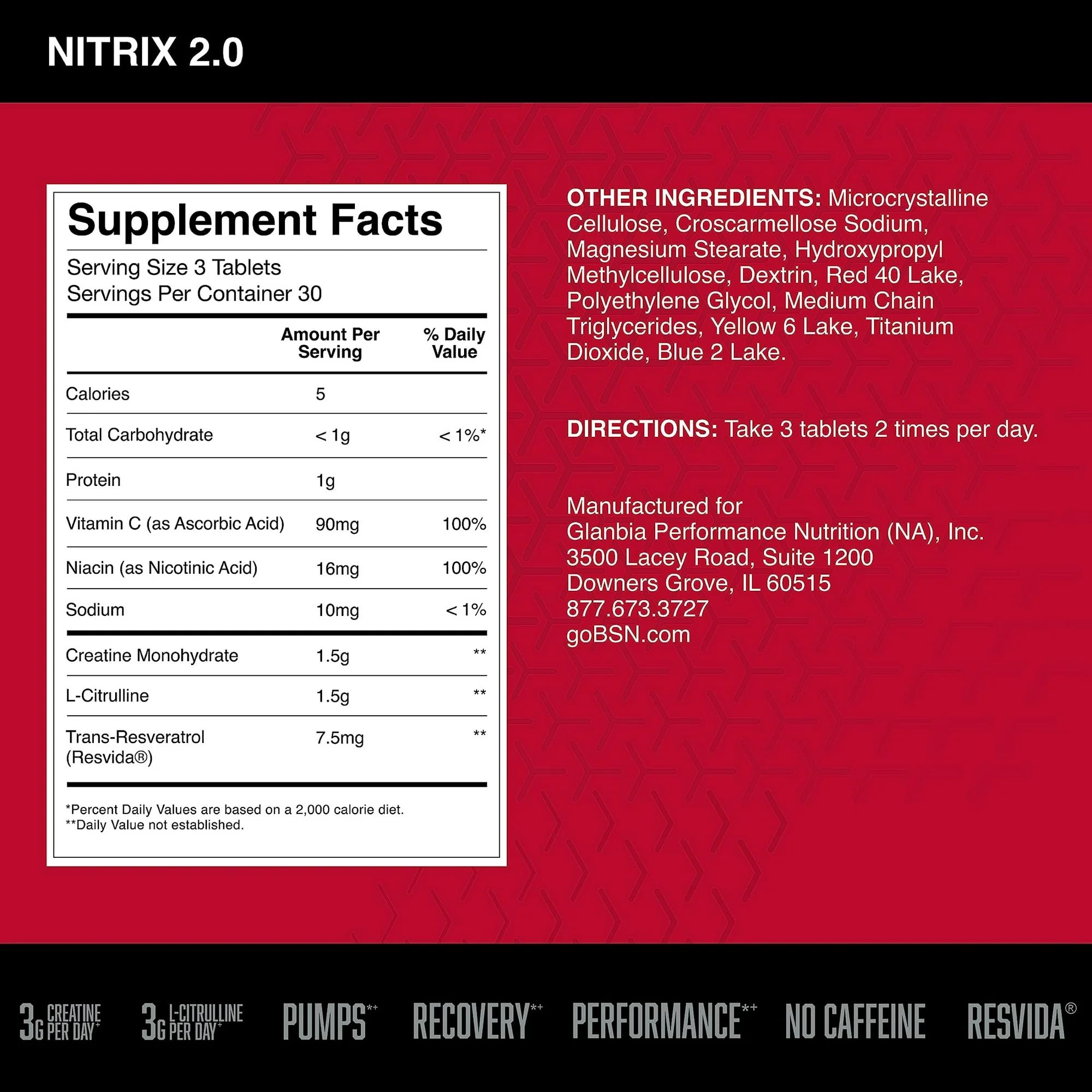 BSN Nitrix 2.0 tablet close-up highlighting 3 g L-Citrulline and 3 g Creatine.