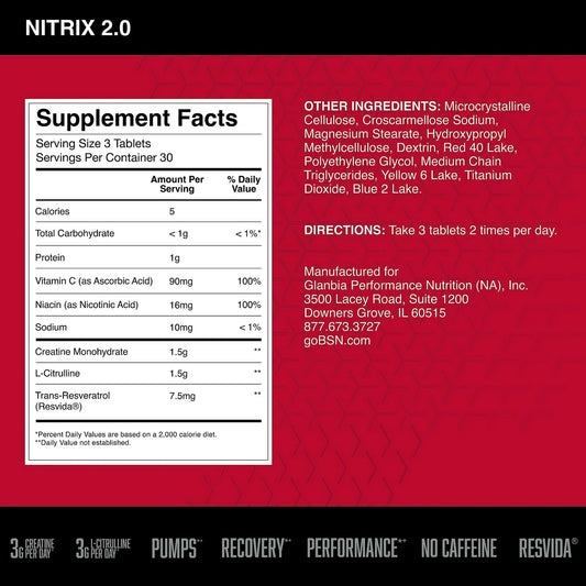 BSN Nitrix 2.0 tablet close-up highlighting 3 g L-Citrulline and 3 g Creatine.