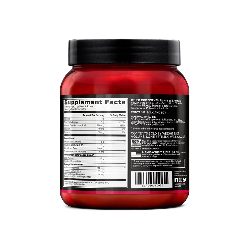 BSN N.O.-XPLODE VASO flavor label highlights Cherry Bomb branding