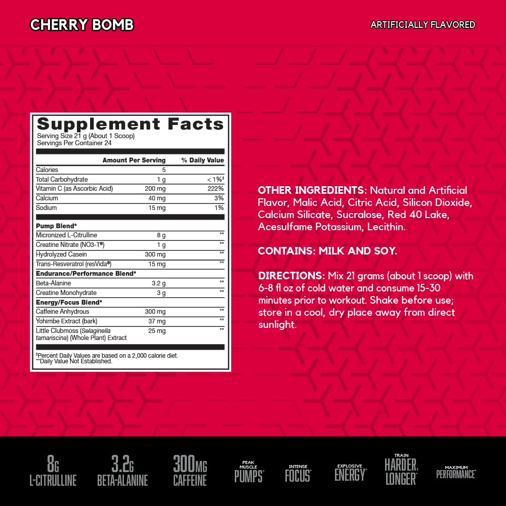 BSN N.O.-XPLODE VASO powder jar close-up shows the cherry flavor label