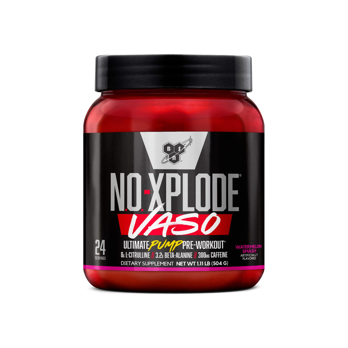 BSN N.O.-XPLODE VASO Watermelon Smash tub promotes a strong pre workout pump