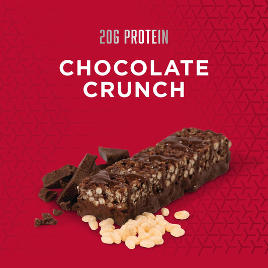 BSN Protein Crisp Bar chocolate crunch close-up highlights crispy texture.