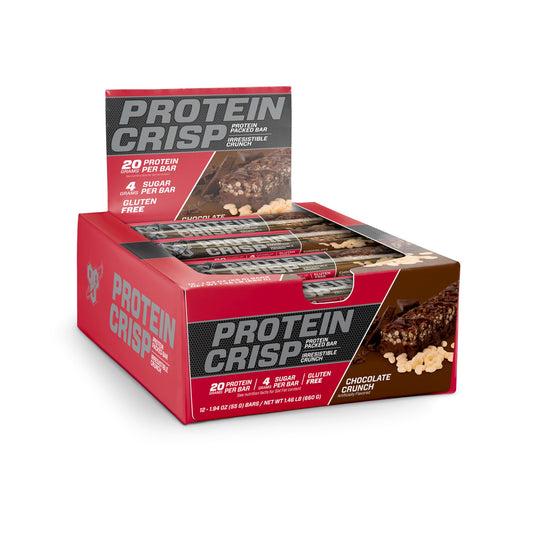 BSN Protein Crisp Bar chocolate crunch pack shows a convenient, tasty snack option.