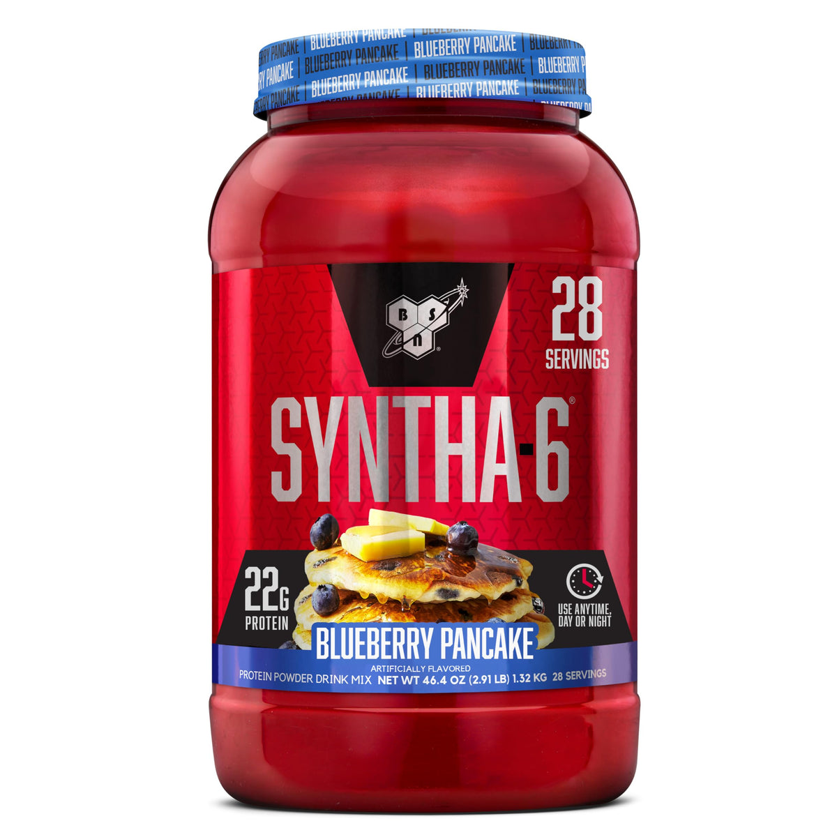 BSN SYNTHA-6 blueberry pancake bottle shown with rich shake flavor and premium protein blend.