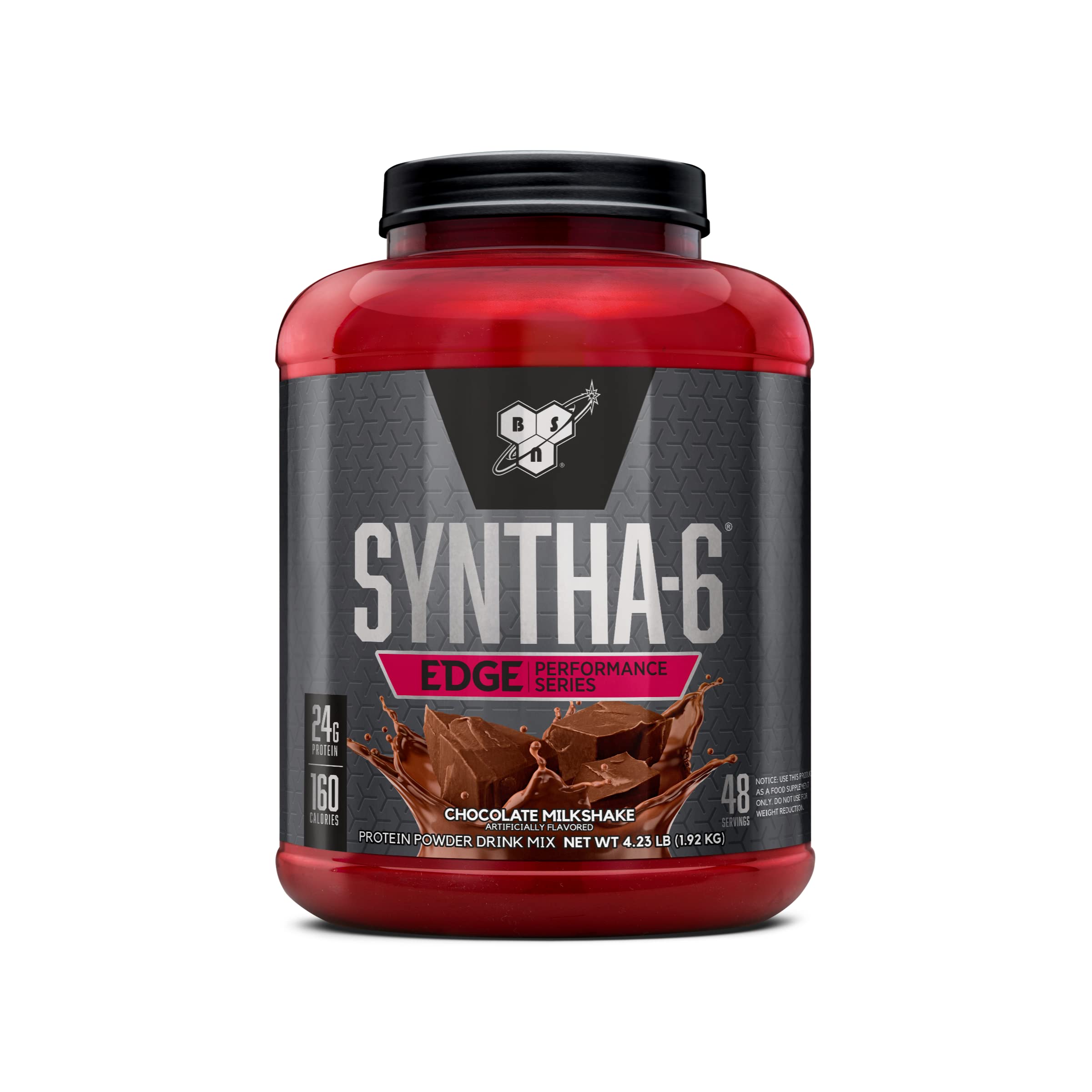 BSN SYNTHA-6 EDGE chocolate milkshake bottle highlights premium recovery protein.