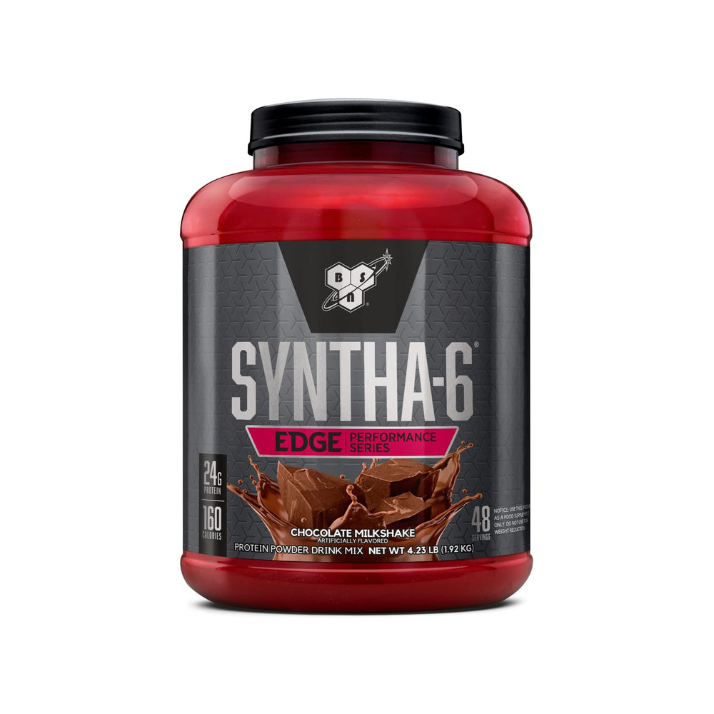 BSN SYNTHA-6 EDGE chocolate milkshake bottle highlights premium recovery protein.
