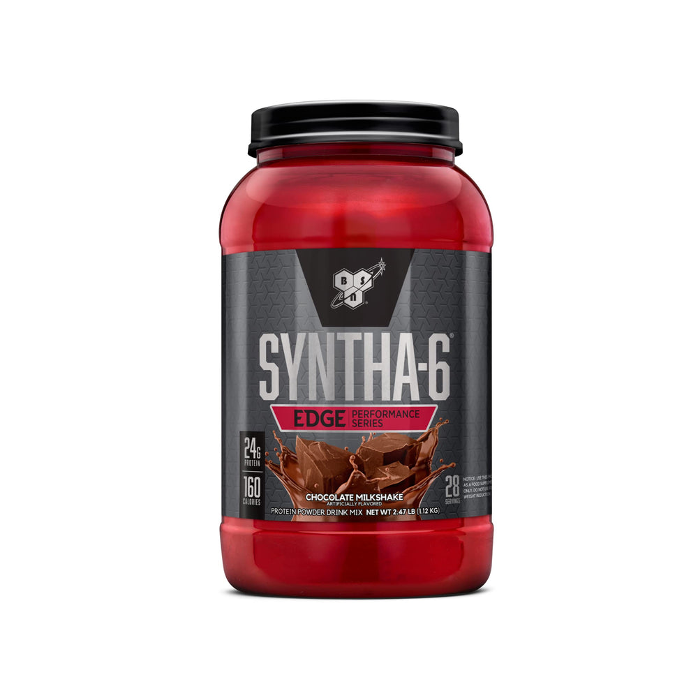 BSN SYNTHA-6 EDGE chocolate milkshake in glass highlighting creamy texture and protein boost